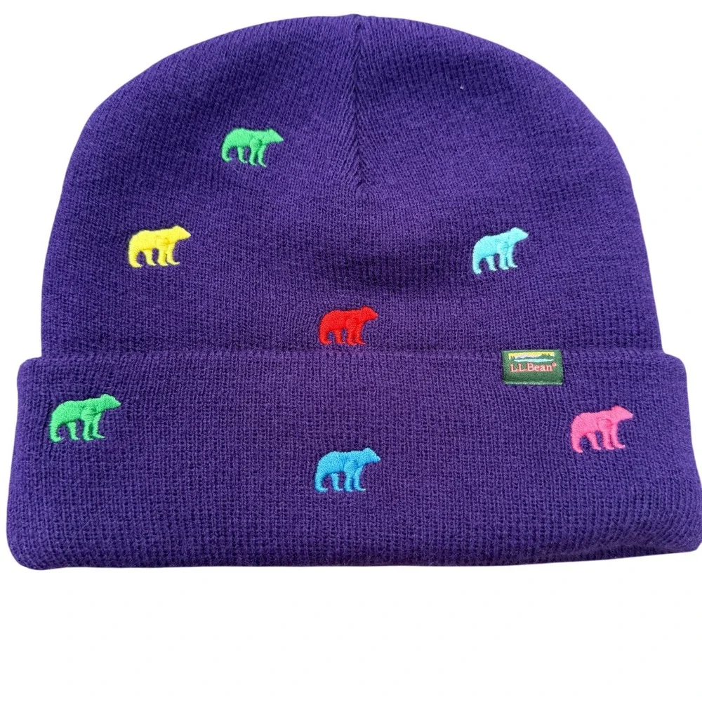 L.L.Bean Purple Polar Bear Embroidered Knit Beanie Hat One Size Multicolor Cuff
